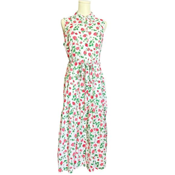 J.Crew Factory Strawberry Print Collared Midi Dress Size 8 Sleeveless Belted - Picture 8 of 11